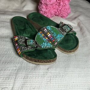 AKIRA Embellished Green Slide Sandals